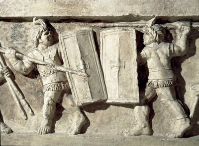 Romersk konst: lågrelief som representerar ett slag av gladiatorer. 1:a århundradet e.Kr. Rom, Museo della Civilta Romana av Roman