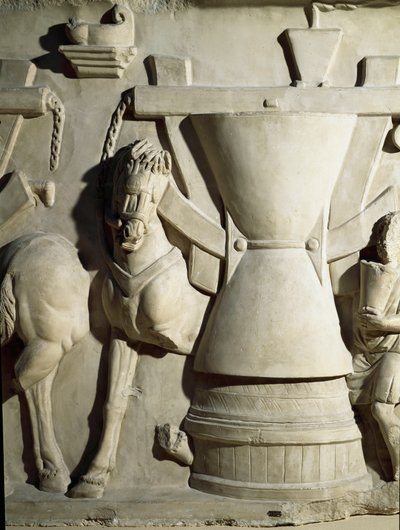 Romersk konst: lågrelief som föreställer ett kvarnhjul. 1:a århundradet e.Kr. Rom Museo della Civilta Romana av Roman