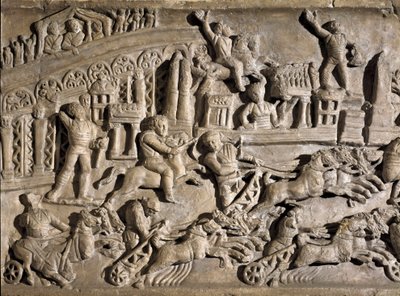 Romersk konst: lågrelief som representerar stridsvagnstävlingar på Circus Maximus (Grand Circus eller Circus Maxime) i Rom. 2:a århundradet e.Kr. Rom, Museo della Civilta Romana av Roman