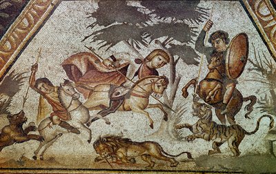 Romersk konst: mosaik av årstiderna från innergården till Constantine villa "" Daphne"". Detalj som visar en scen av lejon- och tigerjakt. Från Faubourg i Antioche-sur-l