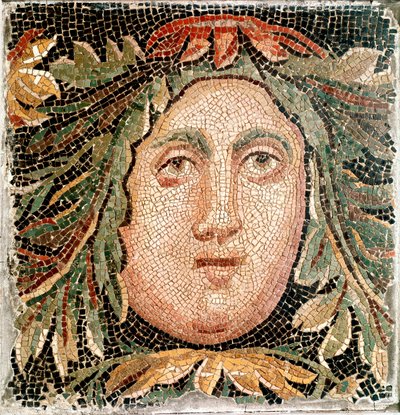 Romersk konst: mosaik som representerar huvudet på en marin gudom. 3:e århundradet e.Kr. Rom, Museo Nazionale Romano - romersk konst. Havets gudomlighet. Mosaik, 300-talet e.Kr. Museo Nazionale Romano, Rom, Italien - romersk konst. Havets gudomlighet. Mosa av Roman