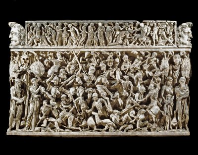 Romersk konst: scen för strider mellan romerska krigare och barbarer under de Marcomanska (eller Marcomanniska) krigen. Relief av sarkofagen som kallas Portonaccio av en general av Marc Aurele. 180-190. Rom, Museo Nazionale Romano (o delle Terme) av Roman