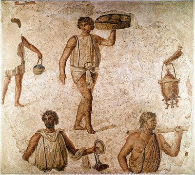 Romersk konst: tjänare vid en bankett. Fragment av mosaik från Kartago, Tunisien. 180-190 e.Kr. Paris, Louvren av Roman