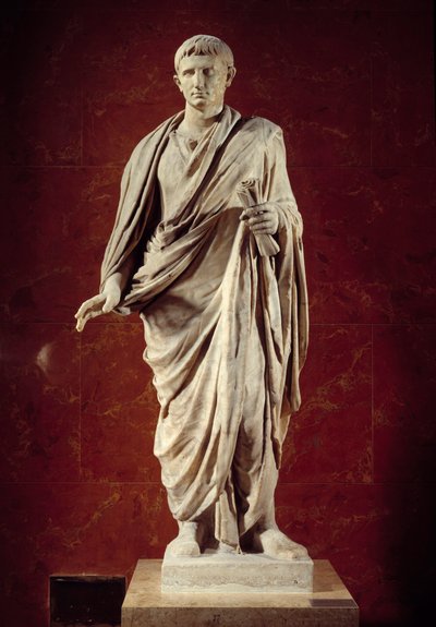 Romersk konst: staty av kejsar Augustus (CESARE AUGUSTO) (63 f.Kr.-14 e.Kr.) 1:a århundradet. Från Velletri. Paris, Louvren av Roman