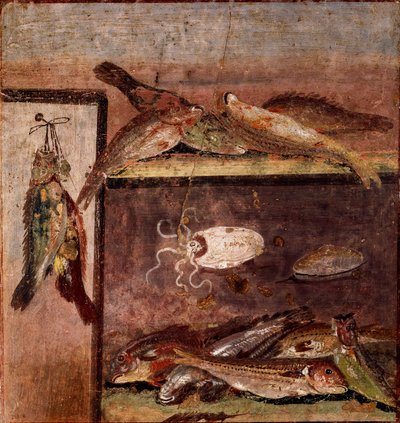 Romersk konst: "" stilleben med fisk"" Fresk från platsen för Pompeji. 1:a århundradet e.Kr. Neapel, Museo Archeologico Nazionale av Roman