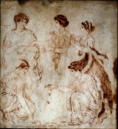Romersk konst: "" osselet-spelarna"" De spelas av Niobe och fyra av hans döttrar. Monokrom på marmor från Herculaneum (Ercolano) 1:a århundradet e.Kr. Dämpa. 42x49 cm Museo Archeologico Nazionale, Neapel av Roman