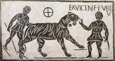 Romersk konst: ""två kvinnor som tämjer en tiger""" Mosaik från Castro pretorio i Rom. 1:a århundradet e.Kr. Rom, Museo Nazionale Romano av Roman