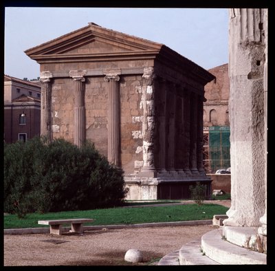 Romersk konst: utsikt över ruinerna av Temple of Portunus (tempel för manlig förmögenhet), arkeologiska platsen för Boarium Forum, 70-80 AD, Rom, Italien (romersk konst: utsikt över Temple of Fortuna Virilis (Portunus) Rom, Italien) Fotografi av Roman