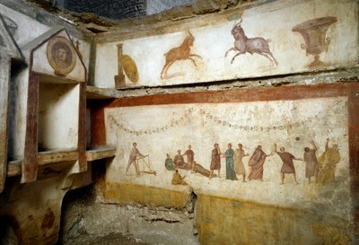 Romersk konst: ""ungdomar som leker""" fresker som dekorerar en grav på Via portuense. 2:a århundradet. Sol. h. 90 cm Rom, Museo Nazionale Romano (o delle Terme) Italien av Roman