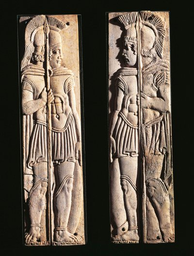 Romersk civilisation, par benristningar av krigare, från Praeneste, Lazio-regionen, Italien av Roman