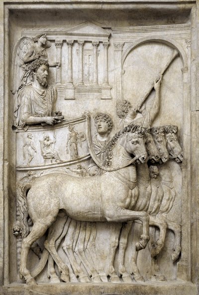 Romerske kejsaren Marcus Aurelius på sin triumfvagn, 200-talet (marmorrelief) av Roman