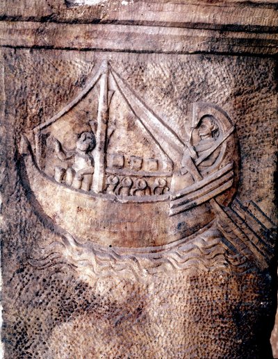 Romerskt transportfartyg. Låg relief från 2:a århundradet AD JC Roman National Museum av Roman