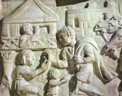 Scen av hjortjakt med nät, romersk sarkofag, 400-talet (relief) av Roman