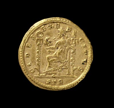 Solidus (omvänd) av Konstantin I, den store (306-337 e.Kr.) föreställande Fides sittande vänster på tronen. Inskription: FIDES EXERCITVS (guld) (för framsidan se 119150) av Roman