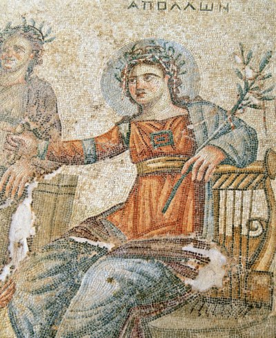 Mosaik med Apollon och Marsyas, detalj av Plinius och Apollon, Aions hus, Paphos, Cypern mosaik av Roman