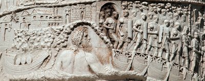 De romerska legionerna seglar i Ancona under skydd av Neptunus. Detalj av kolonnen av Trajanus (kolonn Trajanus) (Colonna Traiana) i Rom byggd under kejsar Trajanus regeringstid (53-117). Trajane-kolumnen firar minnet av em:s segerrika kampanjer av Roman
