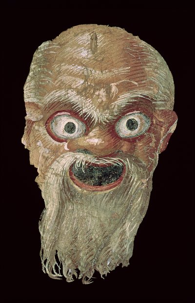 Teatermask, East Wall, Oecus 5, 60-50 BC freskdetalj av 57188 av Roman