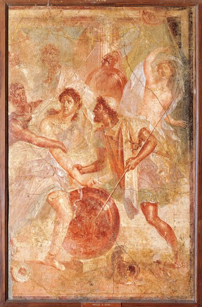 Ulysses och Diomedes känner igen Akilles förklädd till den kvinnliga Pyrrha bland Lycomedes döttrar på Skyros, från Pompeji (fresk) av Roman