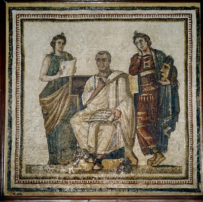 Virgil (Virgilio) och två muser (Clio och Melpomene) - början av 300-talet av Roman
