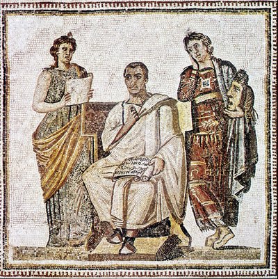 Virgil Writing the Eneide under blickarna av muserna Clio och Melpomene - Mosaik från 300-talet efter JC från Susa i Tunisien. av Roman