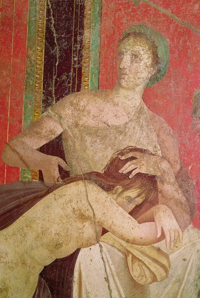 Kvinna som tröstar den invigde, södra muren, Oecus 5, 60-50 f.Kr. freskdetalj av 57190 och 161043 av Roman