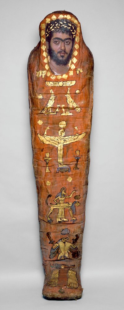 Mumie av en ung man, med enkaustiskt porträtt, från El-Hibeh (linneinlindade mänskliga kvarlevor med målad träpanel) av Roman Period Egyptian