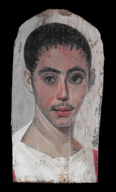 Porträtt av en ungdom med ett kirurgiskt snitt i ett öga, 190-210 e.Kr. (enkaustisk färg på kalkträ) av Roman Period Egyptian