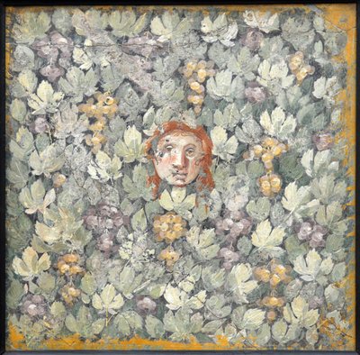 Mask på vinblad och druvklasar, 1:a H. 1:a århundradet. AD. av Roman Pompeian wall painting.
