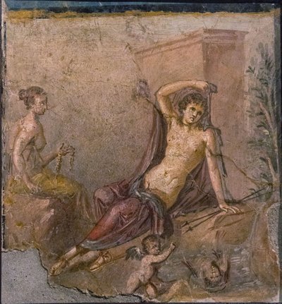 Narcissus, Echo och Eros, 1:a H. 1:a århundradet. AD. av Roman Pompeian wall painting.