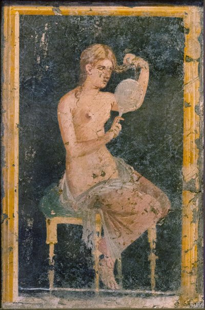 Kvinna med spegel, 1:a H. 1:a århundradet. AD. av Roman Pompeian wall painting.