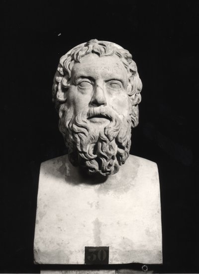 Byst av Aristofanes (c.445-c.385 f.Kr.) (marmor) (s/v foto) av Roman Roman