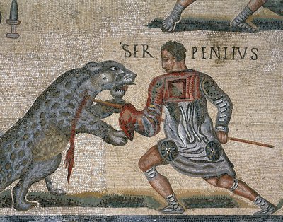 Detalj av en mosaik av en gladiatorkamp, ursprungligen från Torre Nuova av Roman Roman
