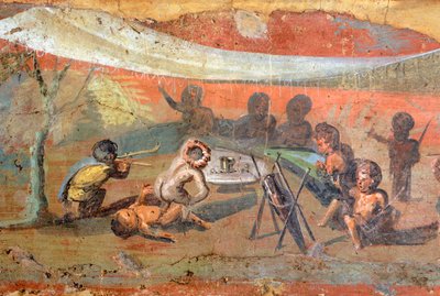 Detalj av en målning som föreställer en scen på gips längs Nilen med pygméer, 56x217 cm, från Pompeji, UNESCO:s världsarvslista av Roman Roman