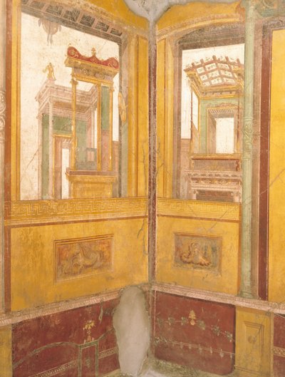 Detalj av freskervägg i faux arkitektur, House of Vettii, Pompeji, Kampanien, romersk civilisation av Roman Roman