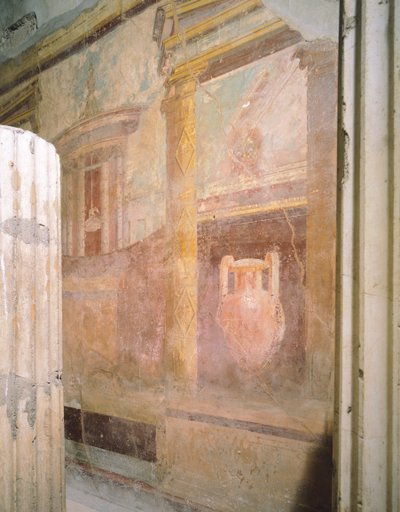Detalj av fresker i tricliniumhallen, labyrinthuset, Pompeji, Kampanien, romersk civilisation av Roman Roman