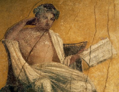 Grekisk dramatiker Menander, detalj från fresk, peristyl av House of Menander, Pompeji, Kampanien, Italien, romersk civilisation av Roman Roman