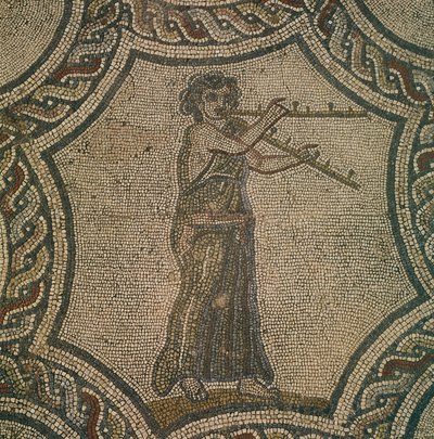 Mosaik föreställande kvinnlig flöjtist från House of Dionysus, i Volubilis, Marocko, romersk civilisation, av Roman Roman