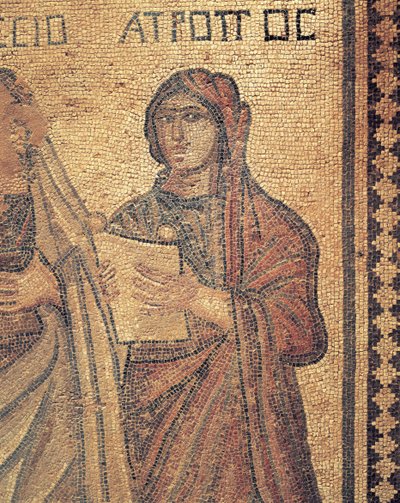 Mosaik som visar ung kvinna som läser, Theseus hus, romersk villa, Paphos, Cypern (Foto) av Roman Roman