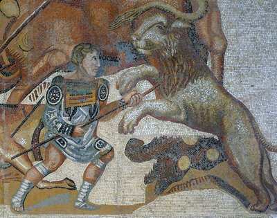 Mosaik som visar en scen av en vilddjursjakt, detalj av en gladiator som dödar ett vilt djur av Roman Roman