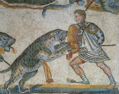 Mosaik som visar en scen av en vilddjursjakt, detalj av en gladiator som dödar ett vilt djur av Roman Roman