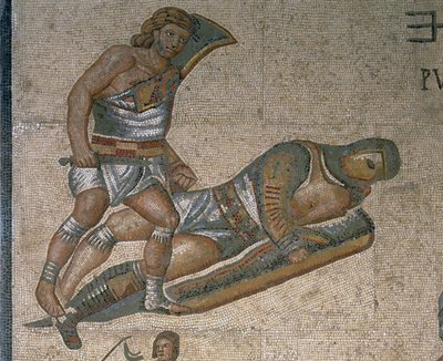 Mosaik med en scen av kämpande gladiatorer, detalj av en gladiator klädd i rustningar av Roman Roman