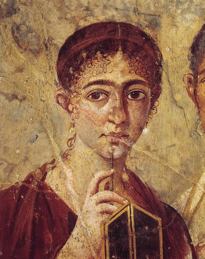 Porträtt av bagaren Terentius Neo och hans hustru i högtidskläder, detalj av hustrun med pennan och diptyk öppen från Italien, Kampanien, Pompeji, 55-79 e.Kr., målning på gips av Roman Roman