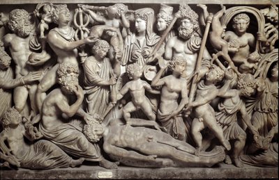 Prometeo skapade uomo: Promethee skapade den första människan. Sarkofag med representation av myten om Promethee. Med karaktärerna från den grekiska och romerska mytologin: Promethee, Psyche, little loves, Hermes, psychopomp gud, Parques (Skåp), Poseidon, av Roman Roman