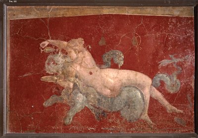 ROMERSK KONST: Nereid på en havspanter till vilken hon räcker en dryck i en låg bägare (fresco) av Roman Roman