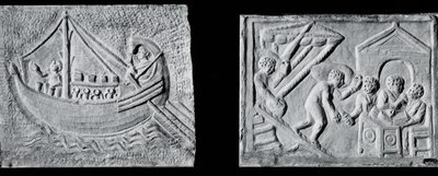 Relief som visar ett handelsfartyg (Museo Nazionale, Rom) och relief som visar lossningen av ett fartyg (Museo Torlonia, Rom) 3:e eller 4:e århundradet (sten) (s/v foto) av Roman Roman