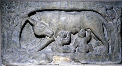 Relief i kalksten av Lupercal (namnet på en grotta i Rom): varg med Romulus och Remus, Avenches Museum. av Roman Roman