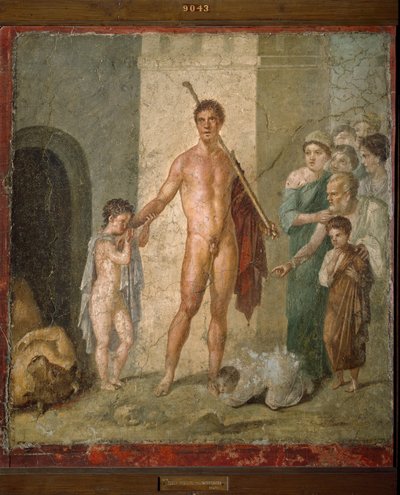 Representation av Thesee, hjältarna i den grekiska mytologin, som befriar de sju unga männen från labyrinten efter minotaurens triumf. Fresk från Villa de Gavius Rufus i Pompei. Dämpa. 88x97 cm Neapels arkeologiska museum - romersk konst: representation o av Roman Roman