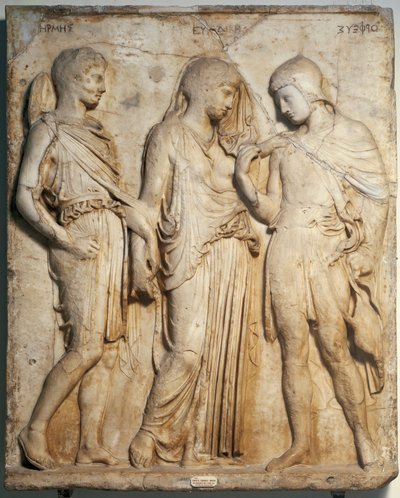 Romersk konst: "" Orphee, Eurydice och Hermes "" "Marmorrelief från ett grekiskt original. Neapel, Arkeologiska museet av Roman Roman