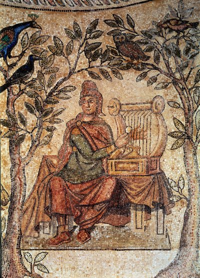 Romersk konst: Orphee charmiga fåglar. Mosaik från Blanzy-les-Fisms. Lyon, Museum of Fine Arts av Roman Roman