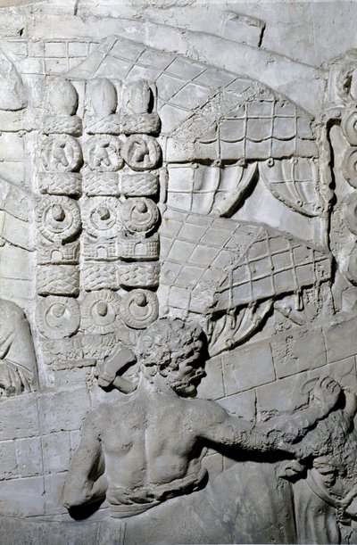 Romersk konst: "" romerskt läger"" Mögel från 1862 som återger basrelieferna av Trajanus kolumn (kolonn Trajanus) (Colonna Traiana) i Rom byggd under kejsar Trajanus regeringstid (53-117). Trajane-kolumnen firar minnet av de segerrika kampanjerna av Roman Roman